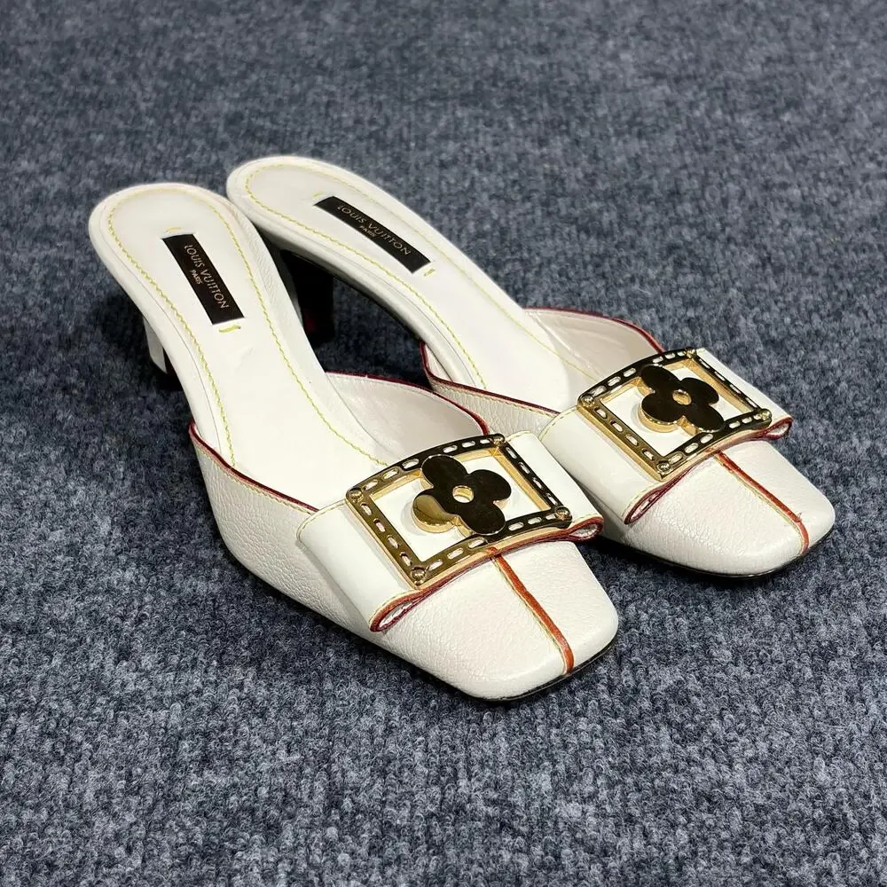 Louis Vuitton Shoes Womens 6 White Suhali Leather Flower Buckle Mule Kitten Heel